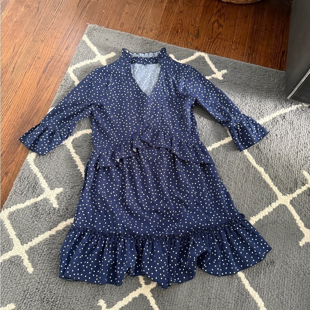 SHEIN Navy/White Polka Dot Print Flounce Sleeve Ruffle Hem Smock Dress - Picture 7 of 13